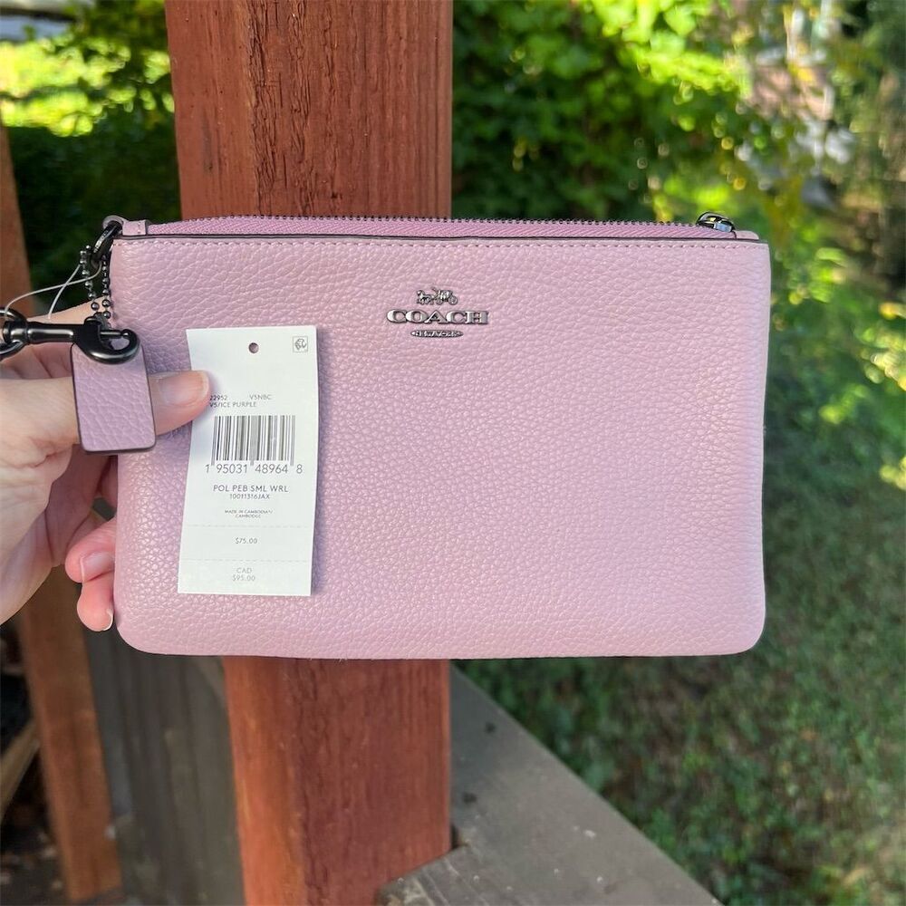 Coach Women's Pebble Leather Wristlet Wallet in Purple Ice w Silver Hardware NWT - Picture 7 of 11